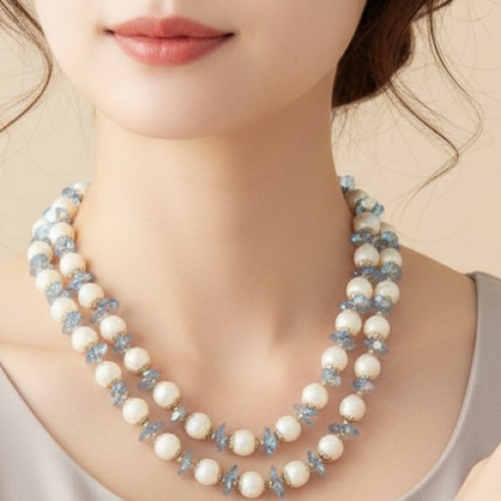 Vintage Vendome Double Strand Faceted AB Blue Crystal Sugar Glass Bead Necklace